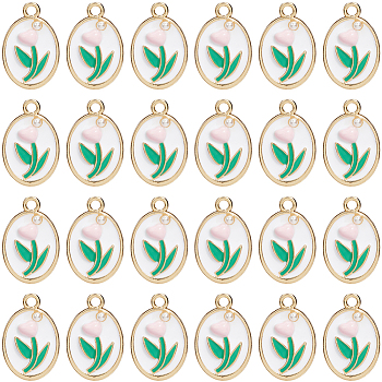 30Pcs Alloy Enamel Pendants with ABS Plastic Pearl Beads, Nickle Free, Oval with Flower Charms, White, 20x13x3mm, Hole: 2mm