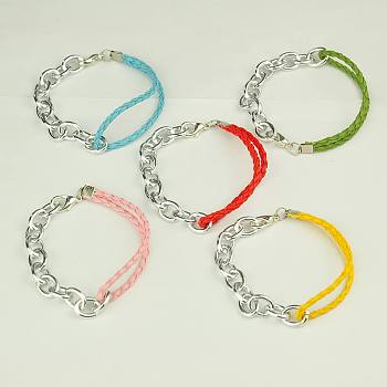 10Pcs Fashion Braided Bracelets, with Leather Cord, Aluminium Chains and Alloy Lobster Claw Clasps, Mixed Color, 195mm