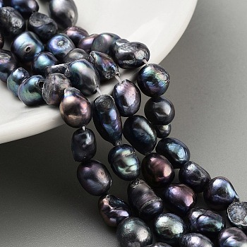 Dyed Natural Cultured Freshwater Pearl Beads Strands, Two Sides Polished, Grade 2A+, Prussian Blue, 8~9mm, Hole: 0.5mm, about 19pcs/strand, 6.89''(17.5cm)