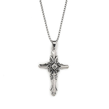 201 Stainless Steel Necklaces, Alloy Rhinestone Pendant Necklaces, Cross, Antique Silver, 23.35 inch(59.3cm)