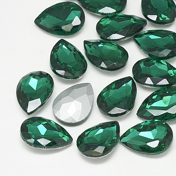 Pointed Back Glass Rhinestone Cabochons, Back Plated, Faceted, teardrop, Med.Emerald, 25x18x8mm