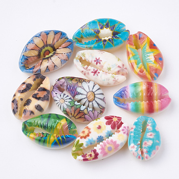 Printed Natural Cowrie Shell Beads, No Hole/Undrilled, Mixed Color, 20~25x14~16x5~7mm