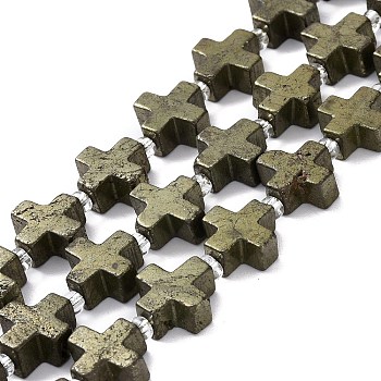 Natural Pyrite Beads Strands, with Seed Beads, Cross, 13.5x13.5x6mm, Hole: 1.2mm, about 12pcs/strand, 7.87''(20cm)