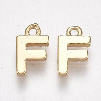Brass Charms, Letter, Real 18K Gold Plated, Letter.F, 8.5x5x1.5mm, Hole: 0.8mm