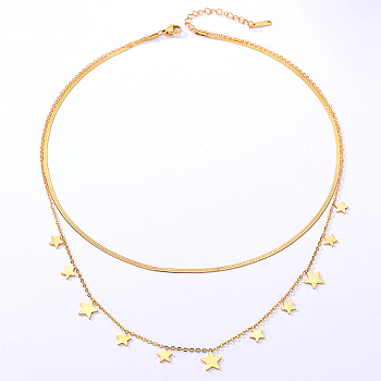 Stainless Steel Cable & Herringbone Chains Double Layer Necklaces, with Star Charms, Real 18K Gold Plated, 15-3/4 inch(40cm)