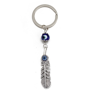 Alloy Keychains, with Evil Eye Lampwork Pendants, Feather, 10.3x1.2cm