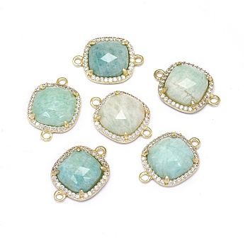 Natural Amazonite Links connectors, with Golden Tone Brass Findings and Cubic Zirconia, Faceted, Square, Clear, 18.5~19x13.5x4.5mm, Hole: 1.6mm