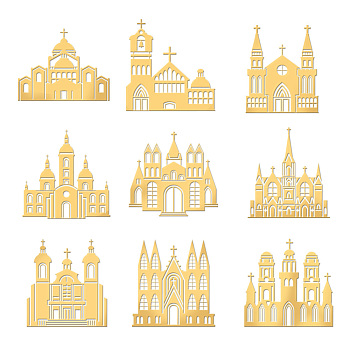 Nickel Decoration Stickers, Metal Resin Filler, Epoxy Resin & UV Resin Craft Filling Material, Golden, Cathedral, Religion, House, 40x40mm, 9 style, 1pc/style, 9pcs/set