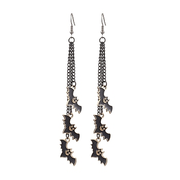 Halloween Themed Bat Alloy Enamel Dangle Earrings, Tassel Earrings, with Iron Earring Hooks & Curb Chains, Black, 116mm