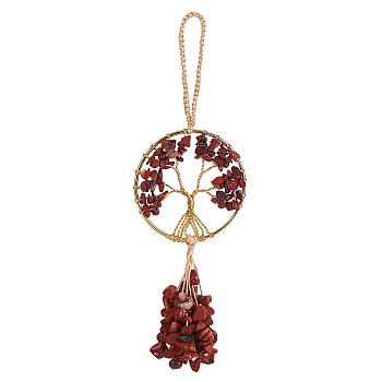 Wire Wrapped Chips Natural Red Jasper Big Pendant Decorations, with Brass Wires and Nylon Cord, Flat Round with Tree of Life, 170mm