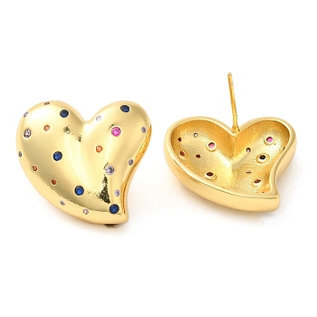 Brass with Cubic Zirconia Heart Stud Earrings, Long-Lasting Plated, Cadmium Free & Lead Free, Real 18K Gold Plated, 22x20mm