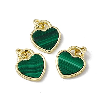 Natural Malachite Heart Charms, with Rack Plating Golden Tone Brass Findings, Cadmium Free & Lead Free, 14x12x2mm, Hole: 3mm
