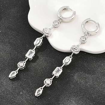 Brass Micro Pave Cubic Zirconia Hoop Dangle Earrings, Lead Free & Cadmium Free, Rack Plating, Long-Lasting Plated, Platinum, 80x7.5mm