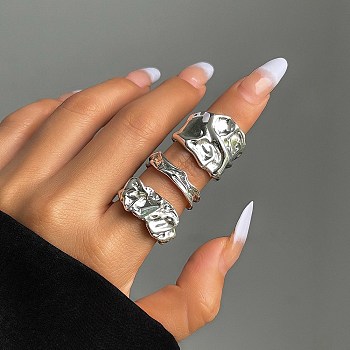 Irregular Alloy Open Cuff Rings Sets for Women, Silver, 5~19.5mm, 3pcs/set