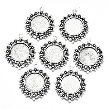 Tibetan Style Alloy Pendant Cabochon Settings, Cadmium Free & Lead Free, Flat Round with Flower Side, Antique Silver, Tray: 25, 49x40.5x2.5mm, Hole: 3mm, about 130pcs/1000g