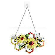 Stained Acrylic Window Planel with Iron Chain & Hook, Window Suncatcher Home Hanging Ornaments, Bees, 199x135x4mm, Hole: 4mm(HJEW-WH0036-82A)