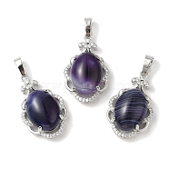 Natural Purple Banded Agate(Dyed & Heated) Oval Pendants, Platinum Tone Brass Micro Pave Clear Cubic Zirconia Flower Charms, Long-Lasting Plated, Lead Free & Cadmium Free, 30x19x10mm, Hole: 7.8x5mm(G-NH0025-15P-03)