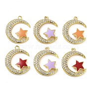 Brass Brass Micro Pave Cubic Zirconia Pendants, with Enamel, Real 18K Gold Plated, Moon with Star Charm, Mixed Color, 23x18x2.5mm, Hole: 1.6mm(KK-F871-18G)
