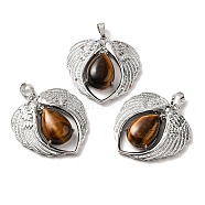 Natural Tiger Eye Teardrop Pendants, Wing Charms, with Rack Plating Platinum Plated Brass Findings, Lead Free & Cadmium Free, 36x34x8~8.5mm, Hole: 8x5mm(KK-K331-02P-06)