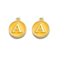 Golden Plated Alloy Enamel Charms, Enamelled Sequins, Flat Round with Alphabet, Letter.A, Yellow, 14x12x2mm, Hole: 1.5mm(ENAM-Q437-13A)