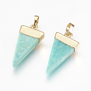 Natural Amazonite Pendants, with Brass Findings, Triangle, Golden, 27~29x12~13x4~5mm, Hole: 4x6mm(G-E493-O02-G)