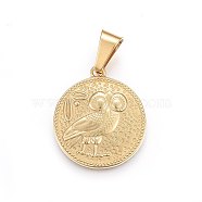 304 Stainless Steel Pendants, Flat Round with Owl, Golden, 28x25x3mm, Hole: 10x5mm(X-STAS-P211-20G)