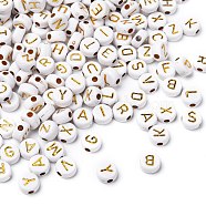 Plating Acrylic Beads, Metal Enlaced, Horizontal Hole, Mixed Letters, Flat Round, Golden Plated, 7x4mm, Hole: 1.8mm(PACR-YW0001-08G)