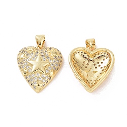 Brass Micro Pave Cubic Zirconia Pendants, Heart with Star Charm, Real 18K Gold Plated, 21x18x5mm, Hole: 3.5x4mm(ZIRC-I063-24G)