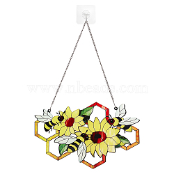 Stained Acrylic Window Planel with Iron Chain & Hook, Window Suncatcher Home Hanging Ornaments, Bees, 199x135x4mm, Hole: 4mm(HJEW-WH0036-82A)