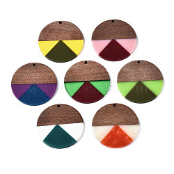 Resin & Walnut Wood Pendants, Flat Round, Mixed Color, 38x3mm, Hole: 2mm(RESI-S389-070A)