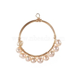 Grade A Natural Cultured Freshwater Pearl Pendants, Wire Wrapped Pendants, with Brass Wire, Ring, Golden, 40.5x40x5.5mm, Hole: 2.5mm(PALLOY-JF00392)