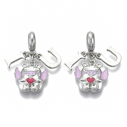 Alloy European Dangle Charms, with Enamel, Large Hole Pendants, Pig with Word I Love U, Platinum, Pearl Pink, 30mm, Hole: 5mm, Pig: 16x16x4mm, U: 11x9x1.5mm, I: 11x5x1.5mm(MPDL-N039-021)
