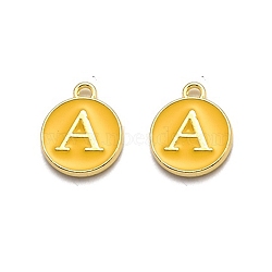 Golden Plated Alloy Enamel Charms, Enamelled Sequins, Flat Round with Alphabet, Letter.A, Yellow, 14x12x2mm, Hole: 1.5mm(ENAM-Q437-13A)