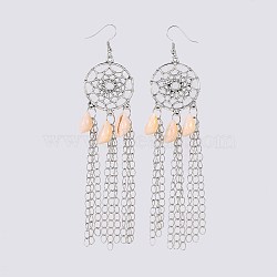 Cowrie Shell Dangle Earrings, with Alloy Findings, Brass Chains & Earring Hooks, Woven Net/Web with Feather, Antique Silver & Platinum, 124~125mm, Pin: 0.8mm(EJEW-JE02958)