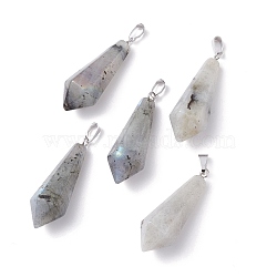 Natural Labradorite Pointed Pendants, with Platinum Plated Brass Loops, Bullet, 35.3~38x13~14mm, Hole: 6.5x2.8mm(G-I314-02P-02)