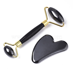 Magnetic Synthetic Hematite Facial Roller & Heart Shape Gua Sha, Facial Beauty Roller Skin Care Tools, with Light Gold Plated Brass Findings, Facial Rollers: 14.6x6.1x 2cm, Gua Sha: 8.1~8.4x5.8~6x0.7~0.8mm(X-G-N0324-12)