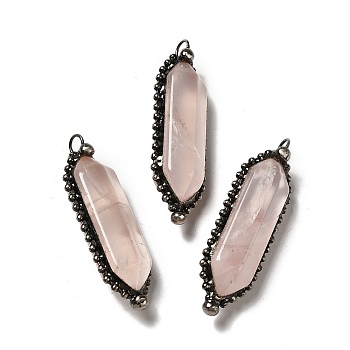 Natural Rose Quartz Big Pendants, Faceted Bullet Charms, with Antique Silver Tone Brass Chain and Stannum, Lead Free & Cadmium Free, 52~57x17~17.5x13~13.5mm, Hole: 4mm