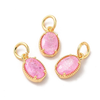 Real 18K Gold Plated Brass Micro Pave Cubic Zirconia Pendants, with Jump Rings, Oval, Pearl Pink, 10x6.5x2.5mm, Hole: 3mm