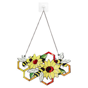 Stained Acrylic Window Planel with Iron Chain & Hook, Window Suncatcher Home Hanging Ornaments, Bees, 199x135x4mm, Hole: 4mm