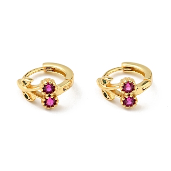 Deep Pink Cubic Zirconia Cherry Hoop Earrings, Rack Plating Brass Jewelry for Women, Cadmium Free & Nickel Free & Lead Free, Real 18K Gold Plated, 11x12x2mm, Pin: 0.8mm