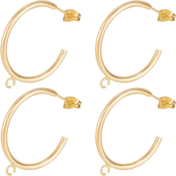 16Pcs Brass Ring Stud Earring Findings, Half Hoop Earrings Findings with Horizontal Loops, with 16Pcs Friction Ear Nuts, Real 18K Gold Plated, 32.5x29x2mm, Hole: 2mm, pin: 0.7mm
