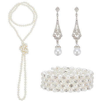 Plastic Pearl Beaded Necklace & Wrap Bracelet & Teardrop Dangle Stud Earrings with Crystal Rhinestone, Alloy Jewelry Set for Women, Floral White, Necklace: 1460mm long, Bracelets: 52.5mm Inner Diameter, Earrings: 68.5mm long, Pin: 0.7mm