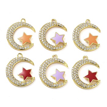 Brass Brass Micro Pave Cubic Zirconia Pendants, with Enamel, Real 18K Gold Plated, Moon with Star Charm, Mixed Color, 23x18x2.5mm, Hole: 1.6mm