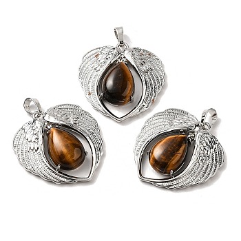 Natural Tiger Eye Teardrop Pendants, Wing Charms, with Rack Plating Platinum Plated Brass Findings, Lead Free & Cadmium Free, 36x34x8~8.5mm, Hole: 8x5mm