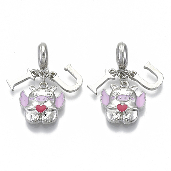 Alloy European Dangle Charms, with Enamel, Large Hole Pendants, Pig with Word I Love U, Platinum, Pearl Pink, 30mm, Hole: 5mm, Pig: 16x16x4mm, U: 11x9x1.5mm, I: 11x5x1.5mm