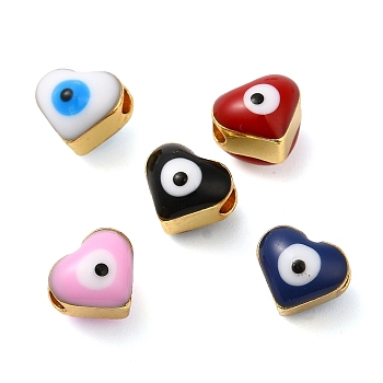 Golden Tone Brass Enamel Beads, Cadmium Free & Lead Free, Long-Lasting Plated, Heart with Evil Eye, Mixed Color, 6x7x6mm, Hole: 2mm
