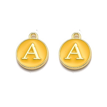 Golden Plated Alloy Enamel Charms, Enamelled Sequins, Flat Round with Alphabet, Letter.A, Yellow, 14x12x2mm, Hole: 1.5mm