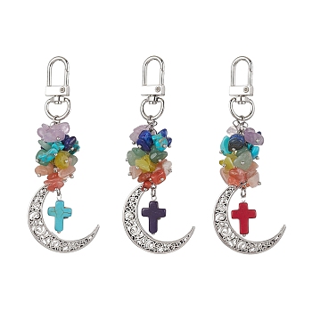 Natural & Synthetic Gemstone Chip & Cross Pendant Decoration, with Alloy Swivel Clasps and Hollow Moon Charm, Mixed Color, 99~100mm