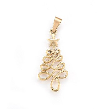 304 Stainless Steel Pendants, Christmas Tree with Star, Golden, 33x16x2mm, Hole: 7x4mm