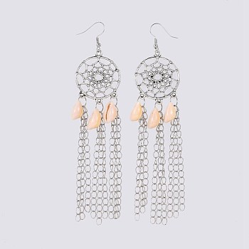 Cowrie Shell Dangle Earrings, with Alloy Findings, Brass Chains & Earring Hooks, Woven Net/Web with Feather, Antique Silver & Platinum, 124~125mm, Pin: 0.8mm